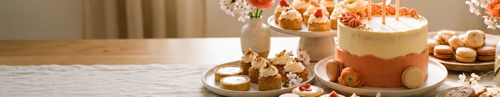 Mesa de festa de pastelaria caseira: bolo decorado com velas, cupcakes, tartes e macarons em luz quente
