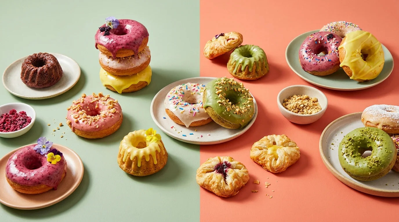 Donuts e bolos da Larrysa's Bakery sobre blocos de cor