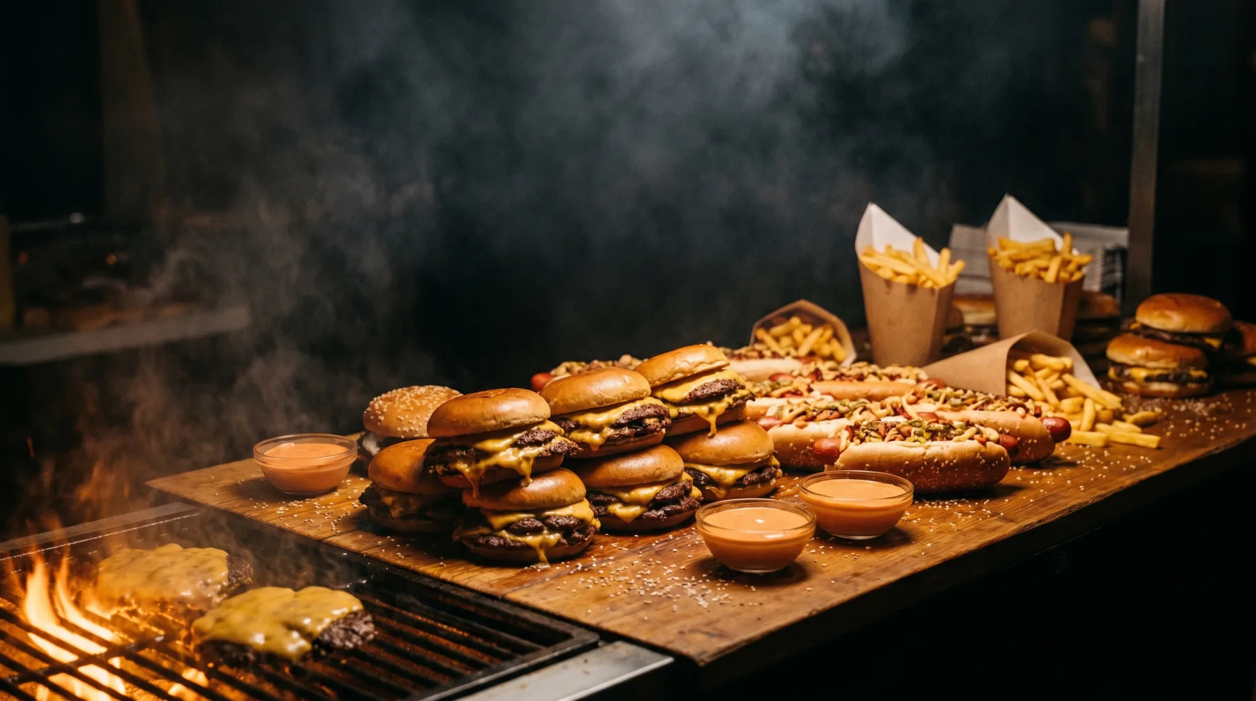 Banca de festa cheia de smash burgers e batatas douradas, à noite na roulotte